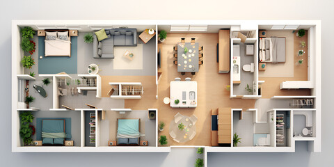 3d floor plan house, Floor plan of a house top view 3d illustration open concept living house layout, generative Ai
