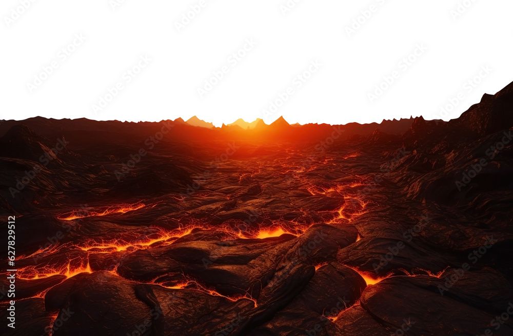 burning alien planet. transparent PNG.  lava river. surface of the sun.
