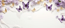 An Enchanting Top-view Shot Of A White Marble Background Adorned With Golden Butterflies And Soft Lavender Blooms, Evoking A Sense Of Luxury And Minimalistic Beauty. Wedding. Generative AI. 