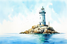 Lighthouse On A Rock At The Ocean In Watercolor Painting Desgin