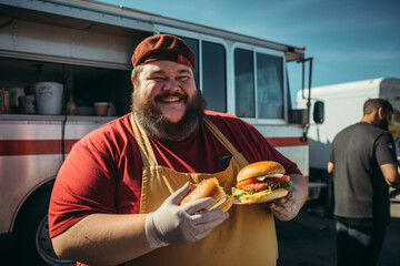 A fat man is holding a burger in his hands. There's a food truck in the background. Generative AI