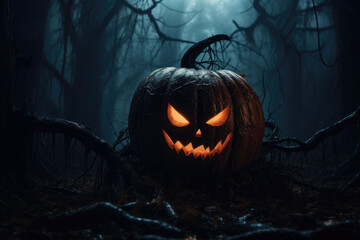 Wall Mural - Halloween pumpkin in a mystic forest at night. AI generated