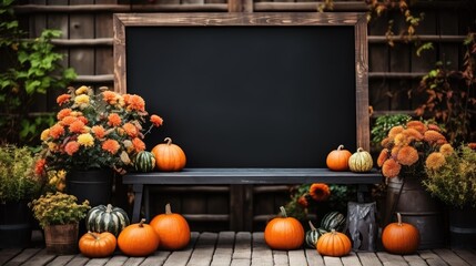 Wall Mural -  welcome signboard mock up with pumpkins and flowers