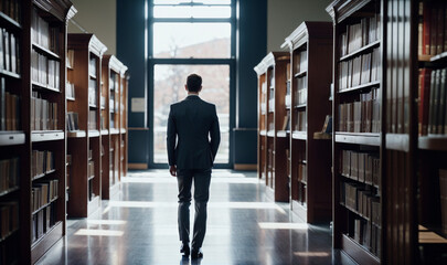 back photo of a man in business suit walking in white library to exit, wooden cabinets white light cast through windows on the flor, generative AI