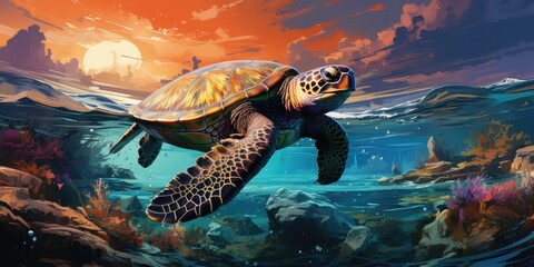 Wall Mural - watercolor beautiful compelling sea turtle in coral reef 