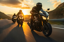 Group Of Super Sport Motorcycle Riders Riding Together At Sunset 