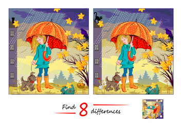 find 8 differences. illustration of a little girl walking with puppy. logic puzzle game for children