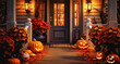 © Viks_jin - Halloween pumpkins and decorations outside a house. Night view of a house with halloween decoration, digital ai