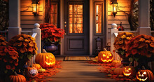 Halloween Pumpkins And Decorations Outside A House. Night View Of A House With Halloween Decoration, Digital Ai