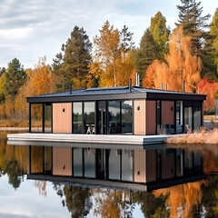 3D sketch of modern minimal style rectangular cottage house surrounded with fall forest on a lake with mirror reflection, created with Generative AI technology