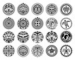 Set of round Maori tattoo ornament with sun symbols face and swastika. African, maya, aztec, ethnic, tribal style. Black and white