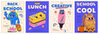 Retro posters set on the theme of Back to School. Groovy cartoon characters and motivation slogans. School lunch, school is cool, be creative. Vector illustration.