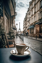 Cafe On A Wooden Table, In The Background The Eiffel Tower. Generative AI.