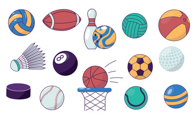 Poster - cartoon sport ball. set of different colorful game equipment, bowling billiard tennis football hocke