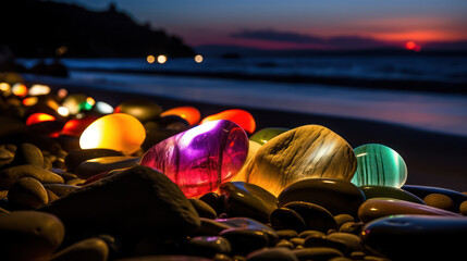 Wall Mural - neon colorful pebbles stand on the beach