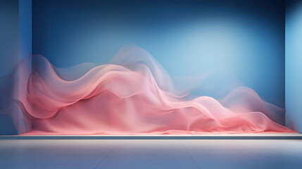 Beautiful abstract modern blue backdrop for a product presentation with podium copy space and smooth floor with trailing light wavy smoke. Futuristic, soft pastel mysterious Generative AI
