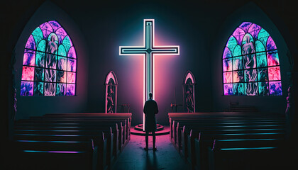 Against background of darkness of church interior at night, human silhouette stands out, towering front of Catholic cross. Neon glow of symbol of faith, impression of mystery and religious devotion