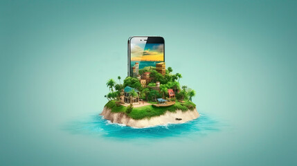 Poster - illustration, paradise island with isolated travel smart phone, ai generative