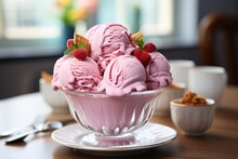Close Up Of Pink Ice Cream With Berries.