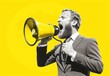 Funny young man screaming in megaphone. Great offer. Sale or discount advertising poster. Marketing time concept. Generative AI. Illustration for banner, poster, cover, brochure or presentation.