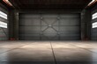 Leinwandbild Motiv 3d rendering of an empty warehouse with a lot of windows. 3d rendering of large hangar building and concrete floor and open shutter door in perspective view for background, AI Generated