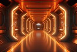 Fototapeta Perspektywa 3d - Futuristic scifi tunnel corridor with glowing lights 3d rendering, 3D rendered illustration of empty illuminated spaceship corridor, AI Generated