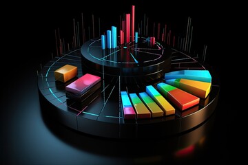 Canvas Print - 3d rendering of a pie chart with bars and bars in the dark background, 3d rendering of pie chart in Black background with business charts and graphs, AI Generated