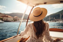 Beautiful Young Woman In Hat And White Dress Sitting On The Deck Of A Yacht And Looking At The Sea, Beautiful Tourist Woman Rear View With A Sun Hat Sits On A Yacht And Looks At The Sea, AI Generated