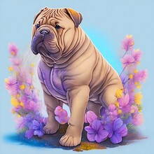 Chinese Shar-Pei Dog Sitting, Full Height, Flowers On The Background. Watercolor Art, Pop Art. Digital Illustration Created With Generative AI Technology.
