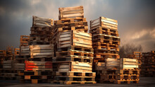 Wooden Pallet Stacked In Empty Warehouse Closeup