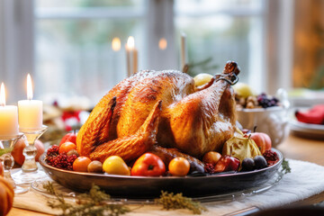 Thanksgiving dinner spread: roasted turkey and candles