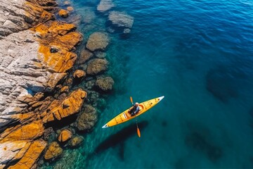 Canvas Print - Aerial view of person in kayak in blue sea. Woman kayaking in blue water.