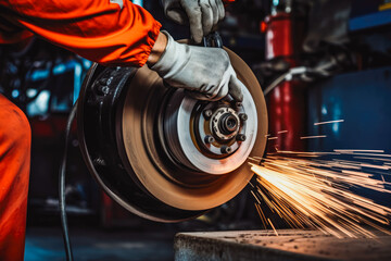 An auto mechanic uses an aerosol can to remove grease. Professional mechanic at work.