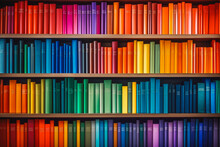 Bookshelf With Multi Colored Books Background. Beautiful Colorful Rainbow Books On Bookshelf