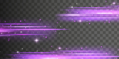 Poster - Purple soft horizontal neon lines. Set of abstract lens flares. Flash purple line motion. Laser sparkle beams, glowing violet speed rays, dust sparks light effect. Luminous sparkling lined. Vector