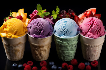 Various of ice cream flavor whit fresh blueberry, strawberry, kiwi, lemon, vanilla setup on rustic background . Summer and Sweet cold ice cream. High quality photo