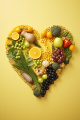 Yellow healthy food formed to a heart, yellowish background