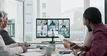 Canvas Print - Hello, meeting and business people in office for video call, teamwork discussion and b2b networking together. Desk, computer screen and virtual conference with wave hello, men and women online.