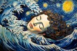 Sleeping Woman Under Starry Night Over Great Wave of Kanagawa - Created by Generative AI