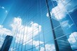 © Adriana - Reflective skyscrapers, business office buildings. Low angle photography of glass curtain wall details of high-rise buildings.The window glass reflects the blue sky and white clouds