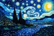 Landscape Under a Starry Night in the Style of Vincent Van Gogh - Created by Generative AI