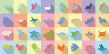 Origami Animals Icons Set Flat Vector. Fish Paper. Fox Low Poly
