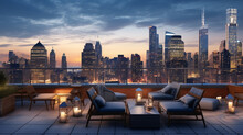 Rooftop Patio With A City Skyline At Dusk. Luxury Urban Outdoor Seating Area With Scenic View Of Skyscrapers At Night