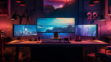 Gaming Room With Computer And Wide Monitor Screen Colorful Neon Lights, Setup For E-sports