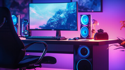 Gaming room with computer and wide monitor screen colorful neon lights, setup for e-sports