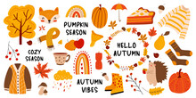 Vector Set Of Fall Elements. Autumn Season. Leaves, Acorns, Sweater, Scarf, Pumpkins, Boots, Hedgehog, Pie, Rainbow, Inscription. Collection Of Fall Elements For Scrapbooking. Beautiful Poster, Banner
