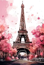 Watercolor Eiffel Tower With Roses And Paint Splatter Vertical Orientation. Generative Ai