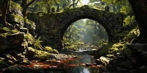 Wall Mural - illustration of stone bridge in forest, generative AI