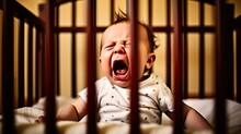 A Father's Despair At Watching His Newborn Bruised And Ill: The Loud Cry Of An Exhausted Baby In His Crib. Generative AI