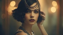 Beauty In The Details: Elegant Young Woman Dressed In Vintage Retro 20s Art Deco Style: Generative AI